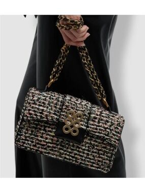 KOORELOO Women's Black Soho 3.0 Chain Crossbody Ring Tweed Purse Bag